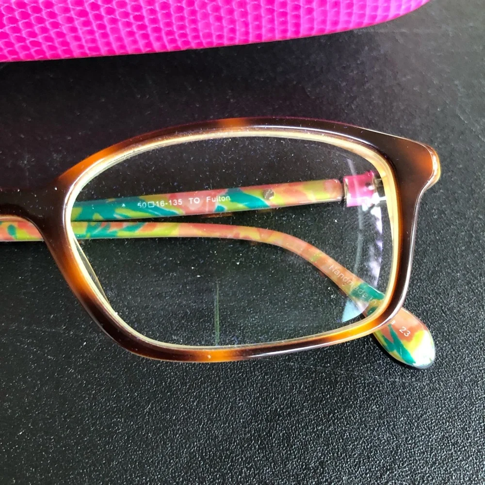 Prescription Lilly Pulitzer brown and pink eyeglass frames with matching case